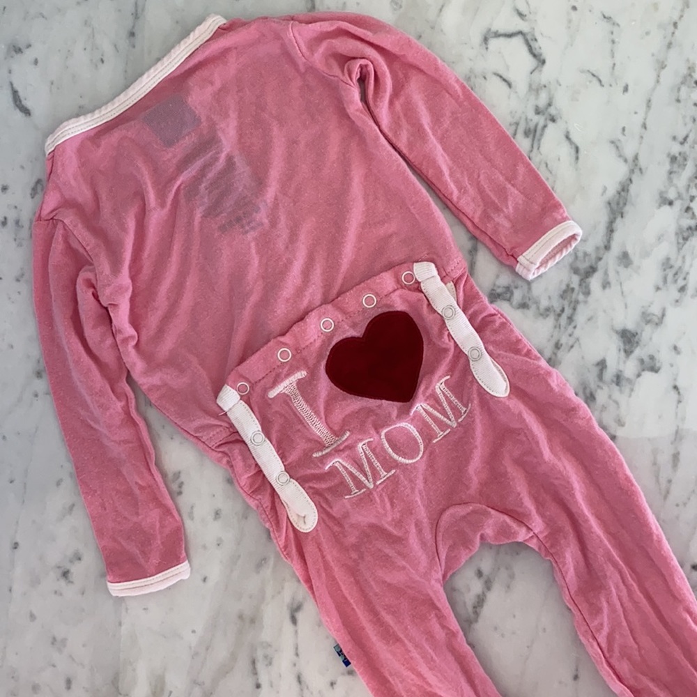 Kickee Pants pink onesie. I love mom. Heart bum. Valentine’s Day pajamas.